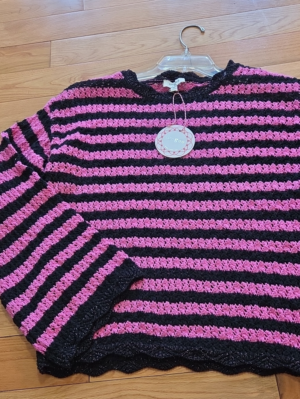 Umgee Black and Hot Pink Striped Crochet Crewneck Sweater